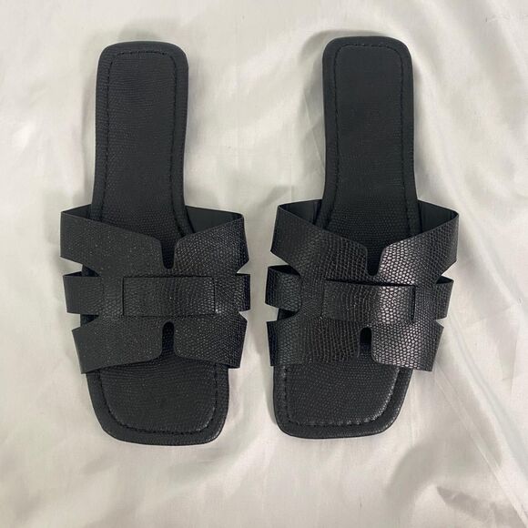 Black Flat Open Toe Elegant Embellished Cutout Slide Sandals EU 42 US 11.5 - Picture 8 of 8